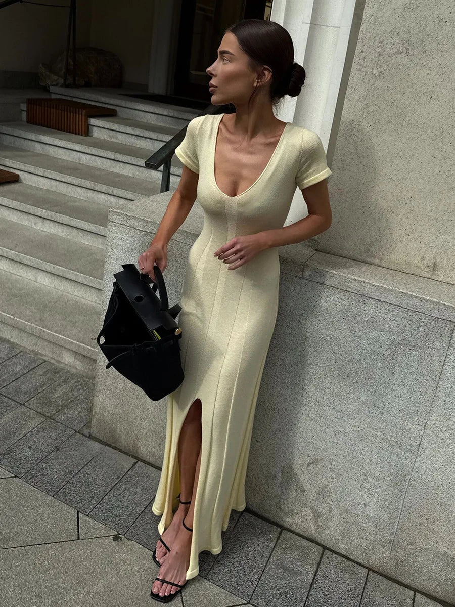 Short-Sleeved Knitted Midi Dress