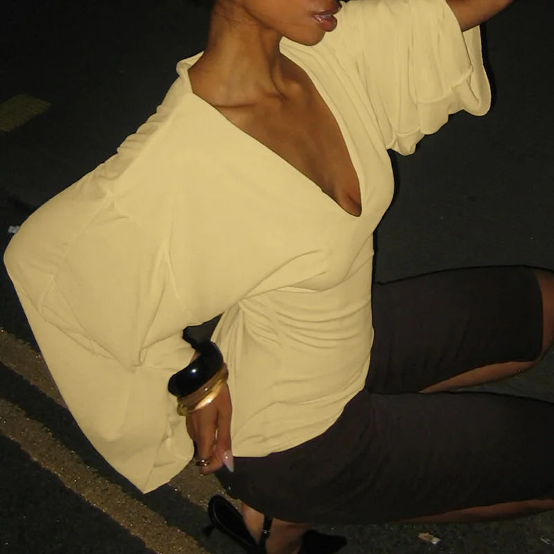 Deep V-Neck Flare-Sleeve Tee
